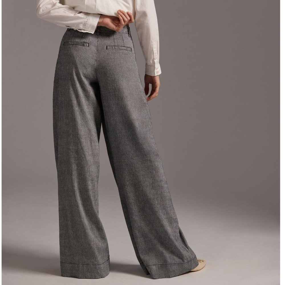 Anthropologie Linen Low-Rise Wide Leg Pants Gray Black - Size 12 - Picture 2 of 15